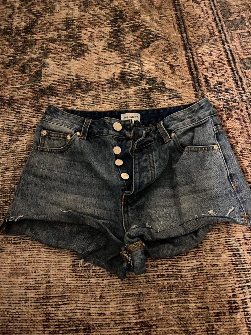 superdown Distressed Dark Blue High-Rise Denim Shorts with Button Fly